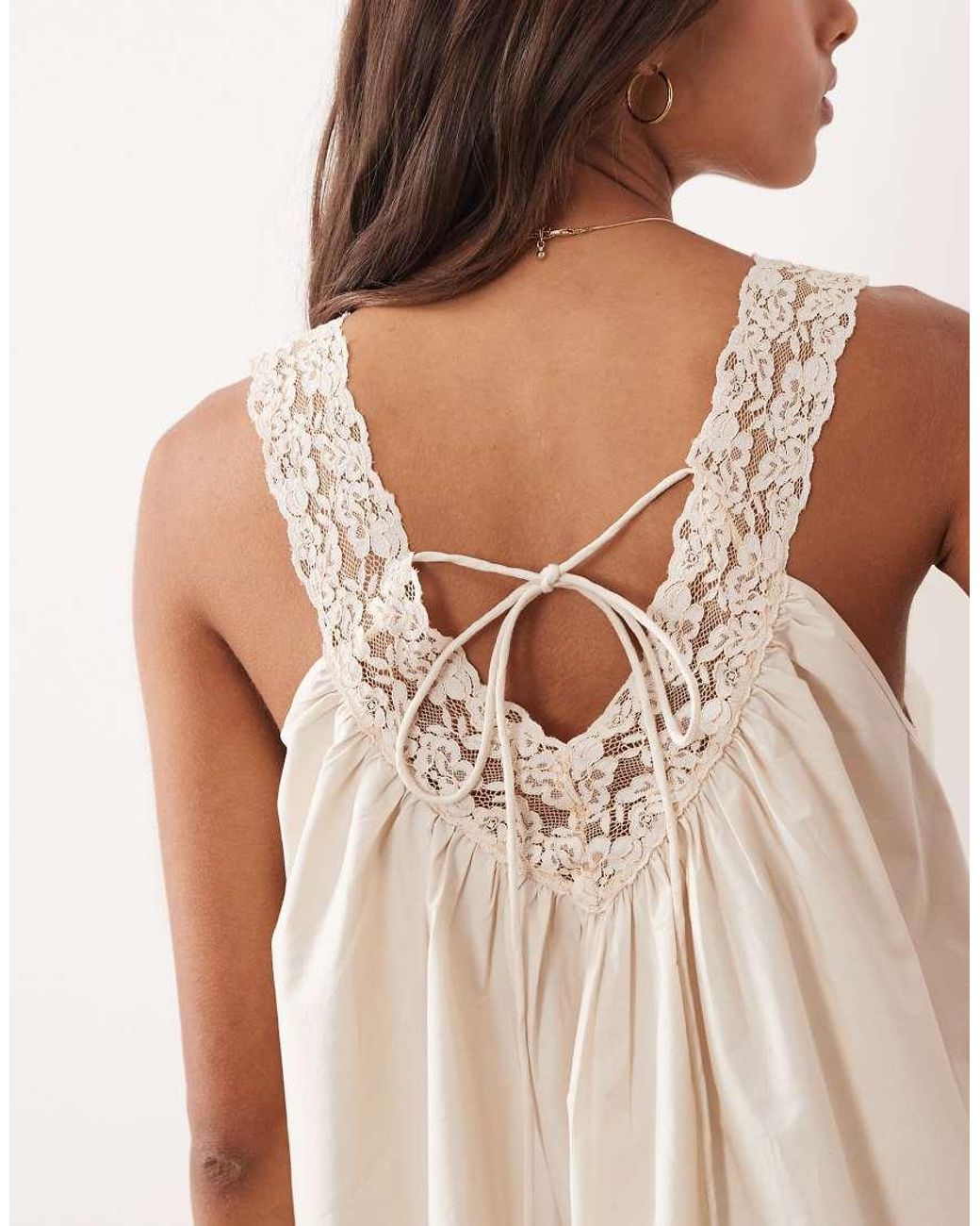 ASOS Natural V Neck Smock Poplin Mini Sundress With Lace Overlay