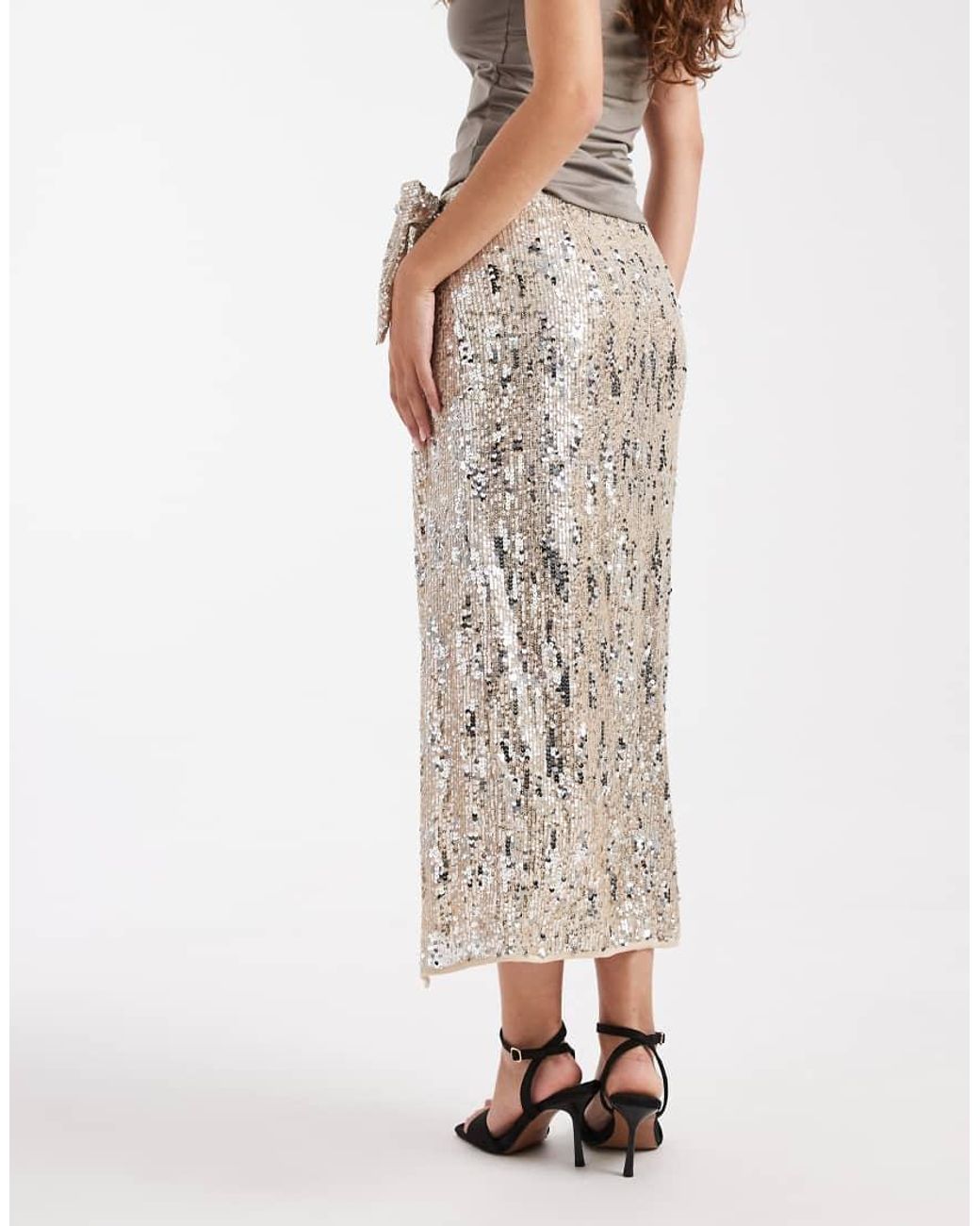 ASOS Natural Mixed Sequins Wrap Midi Skirt