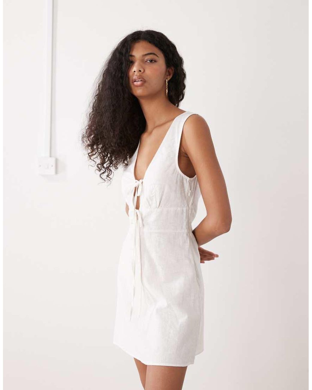 Monki White Linen Blend Tie Front Mini Dress