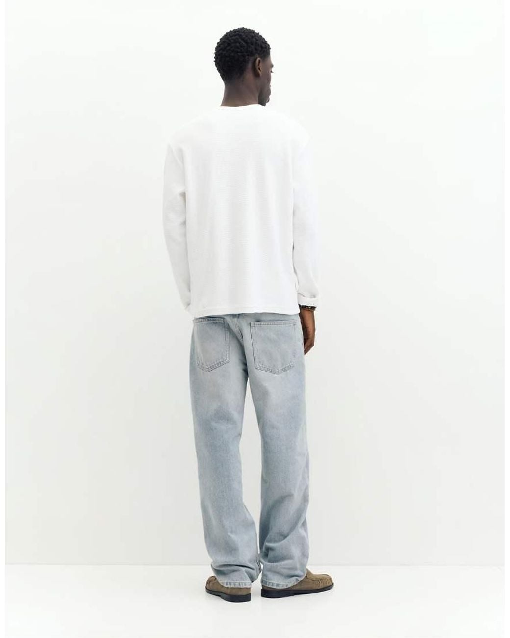 Pull&Bear White Henley Waffle-knit Long Sleeve T-shirt for men