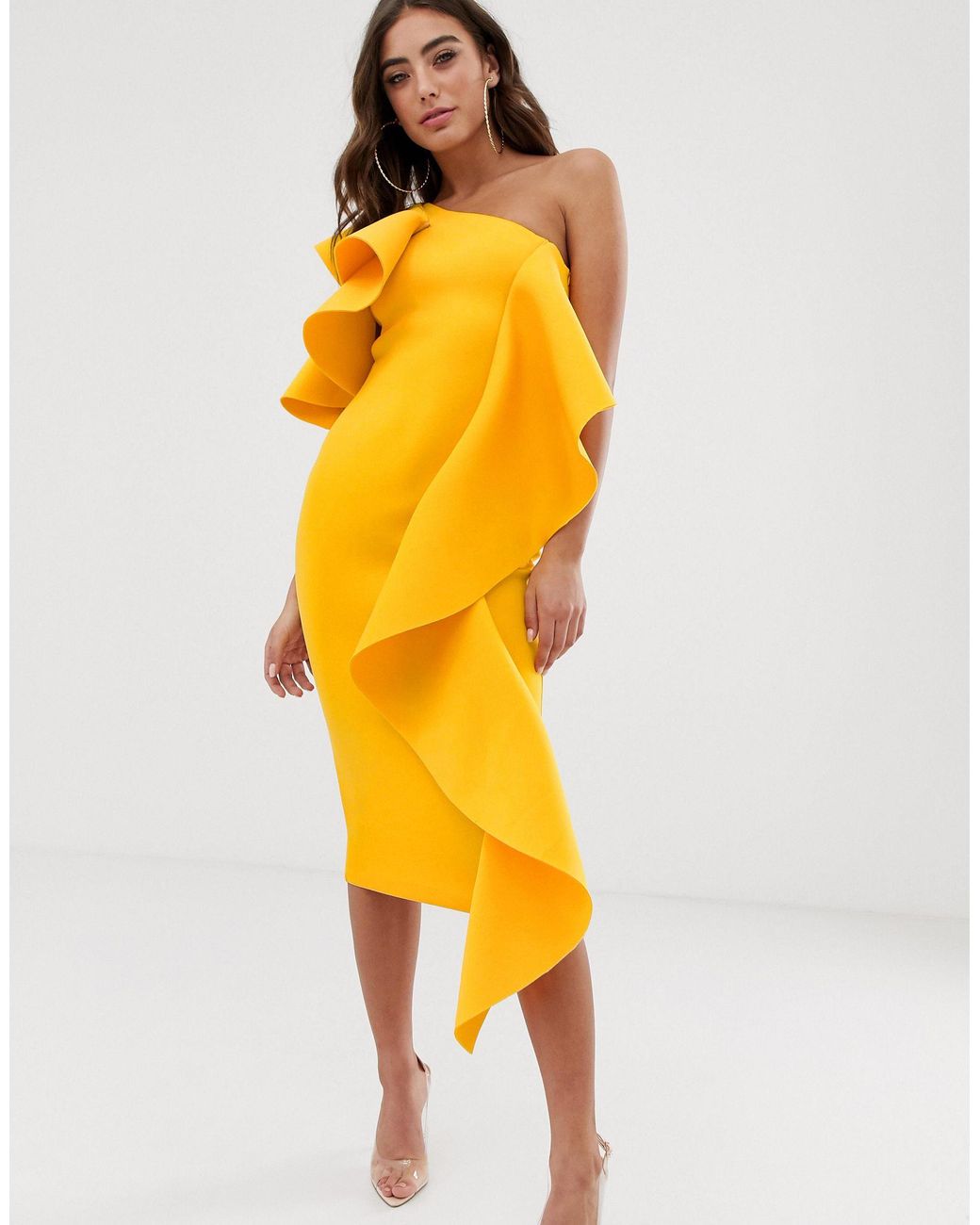 Lavish Alice One Shoulder Scuba Midi Dress With Frill Detail in Yellow |  Lyst UK