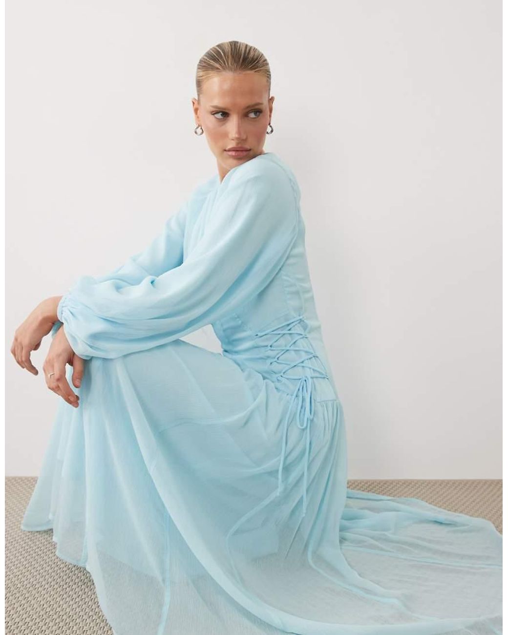 ASOS Blue Long Sleeve Chiffon Tie Detail Maxi Dress
