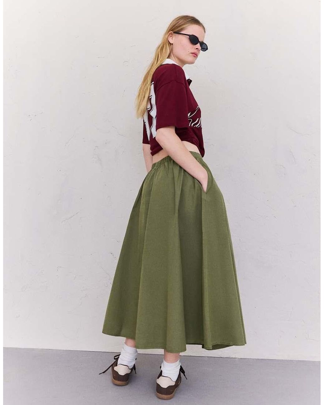 Bershka Green Elasticated Waist Midi Skirt