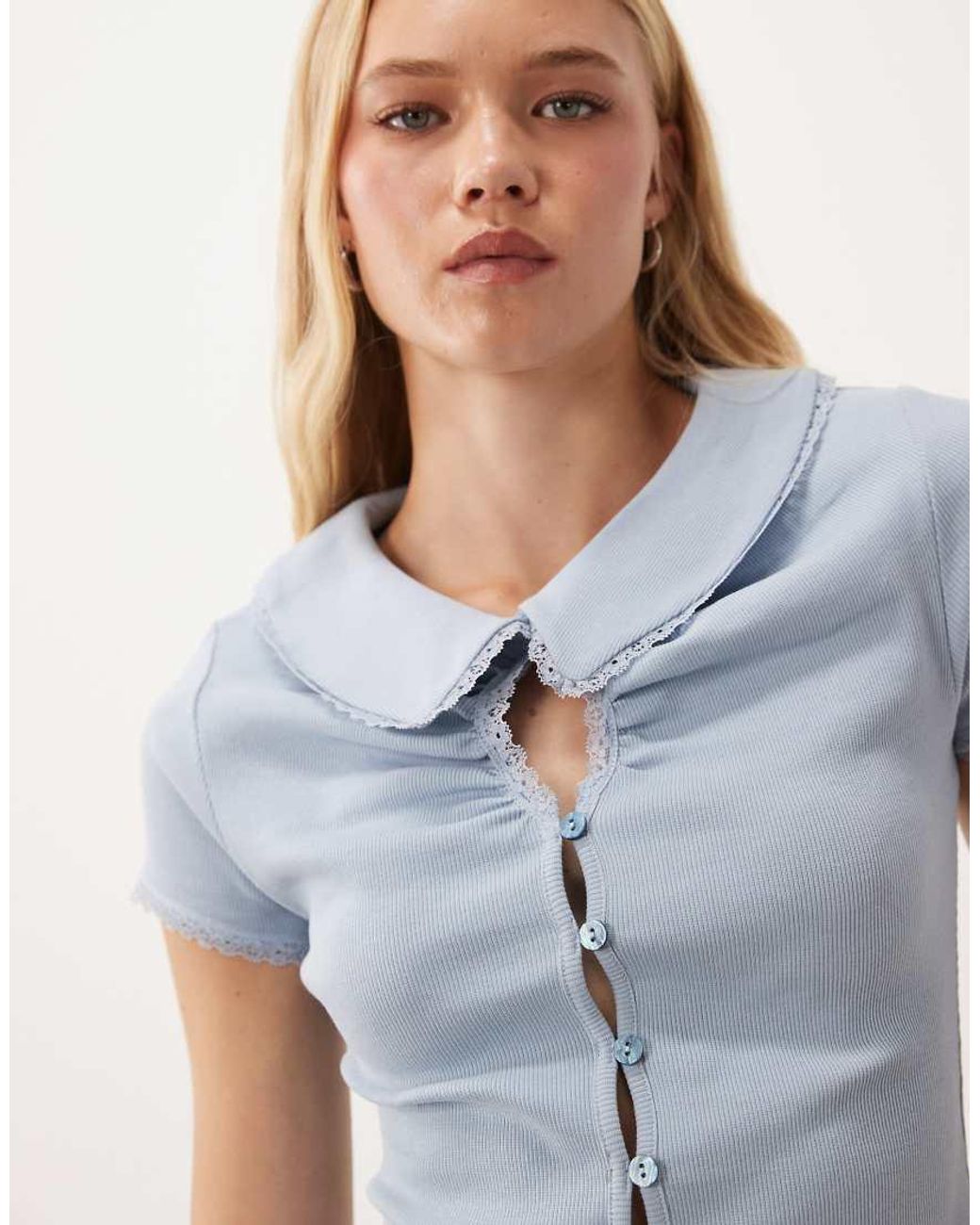 Miss Selfridge Blue Keyhole Button Up Rib Shirt