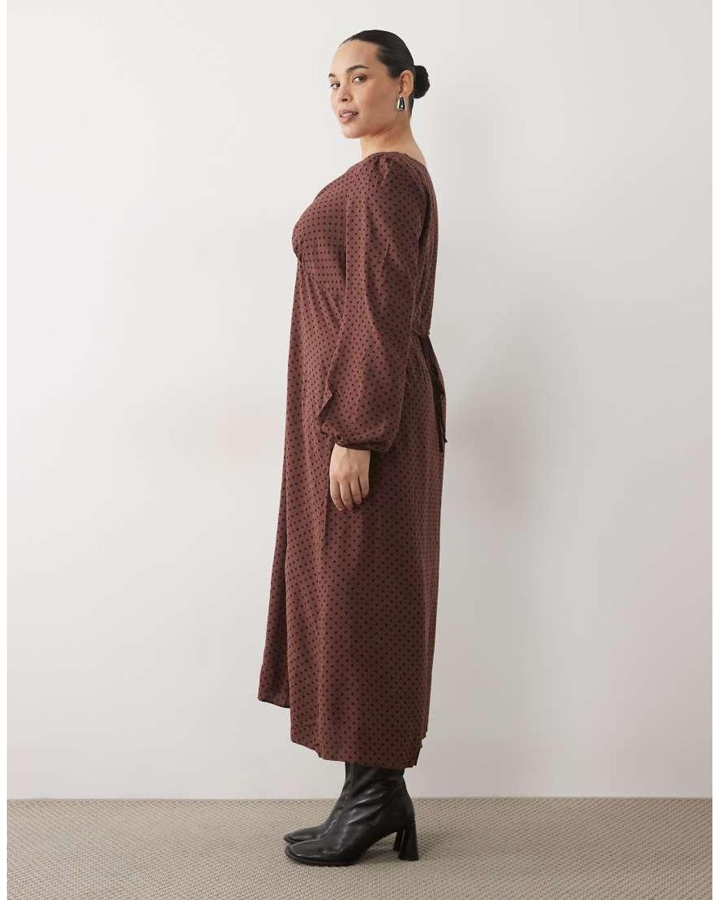 Nobody's Child Brown V Neck Balloon Sleeve Button Front Midi Dress