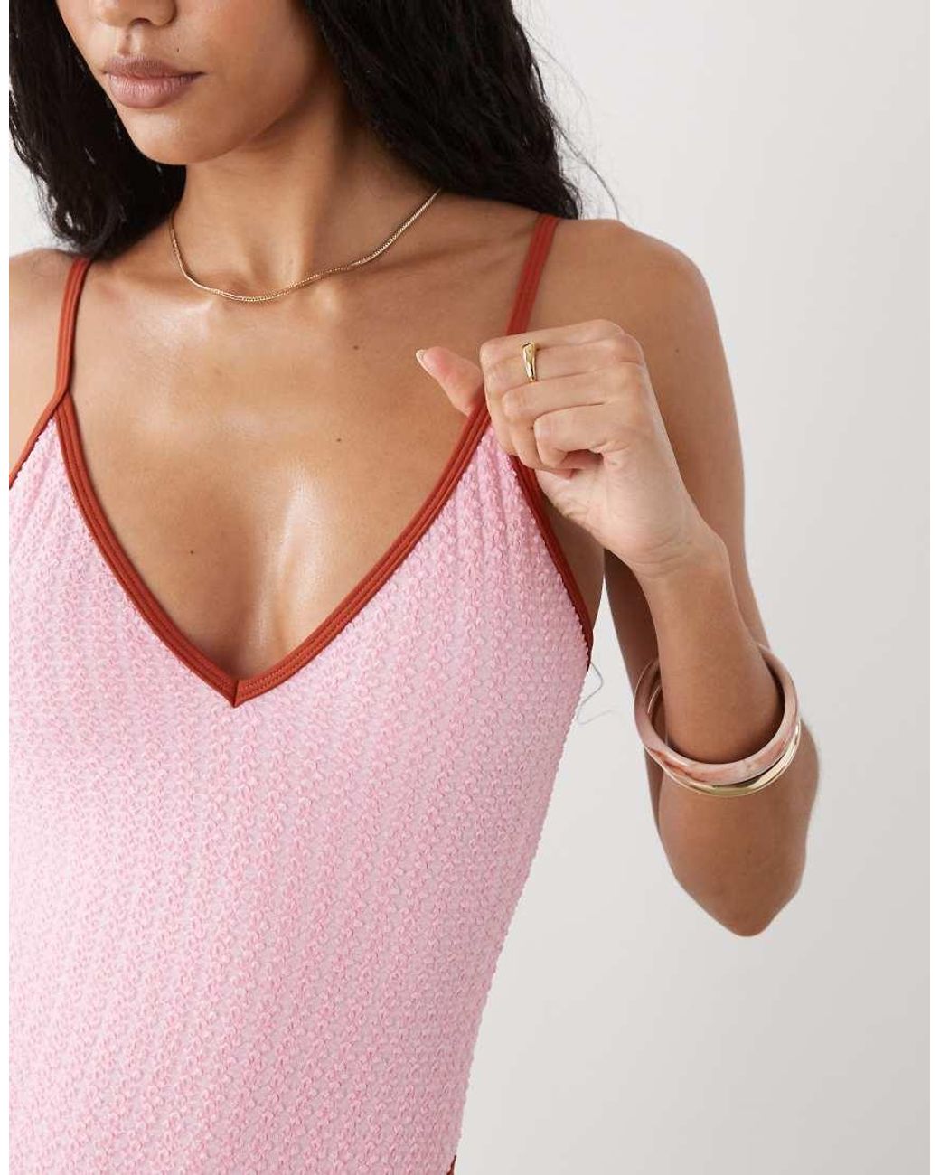 Reclaimed Vintage Pink Swimsuit With Deep V And Low Back