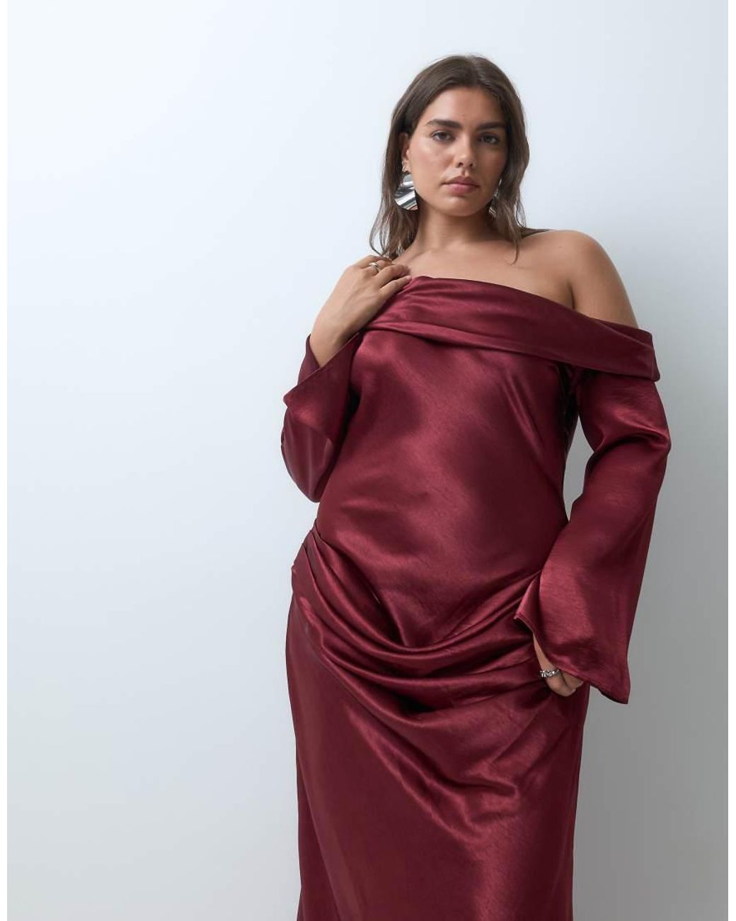 Tfnc Plus Red Hamme Satin Maxi Dress With Asymmetric Off-shoulder Neckline And Ruched Waist Detail