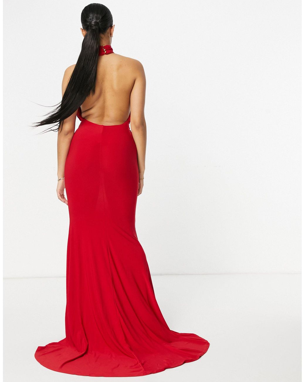 Club L London Backless Halterneck Fishtail Maxi Dress in Red | Lyst