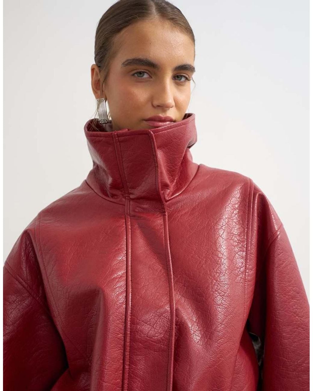 TOPSHOP Red Faux Leather Cinch Waist Funnel Neck Jacket