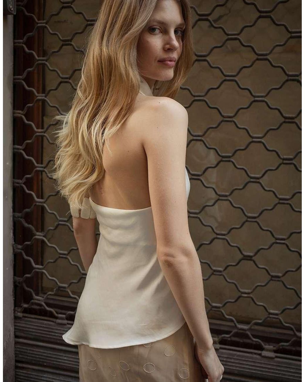 NA-KD White Satin Draped Asymmetric Halterneck Top