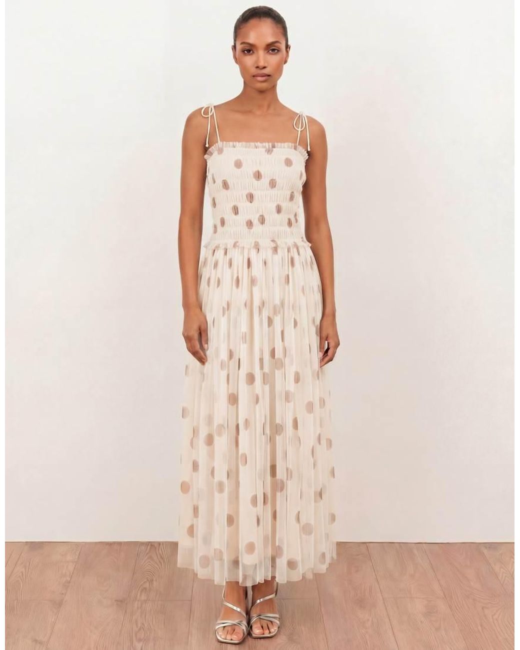ANAYA Natural Polka Dot Shirred Self-Tie Cami Midi Dress