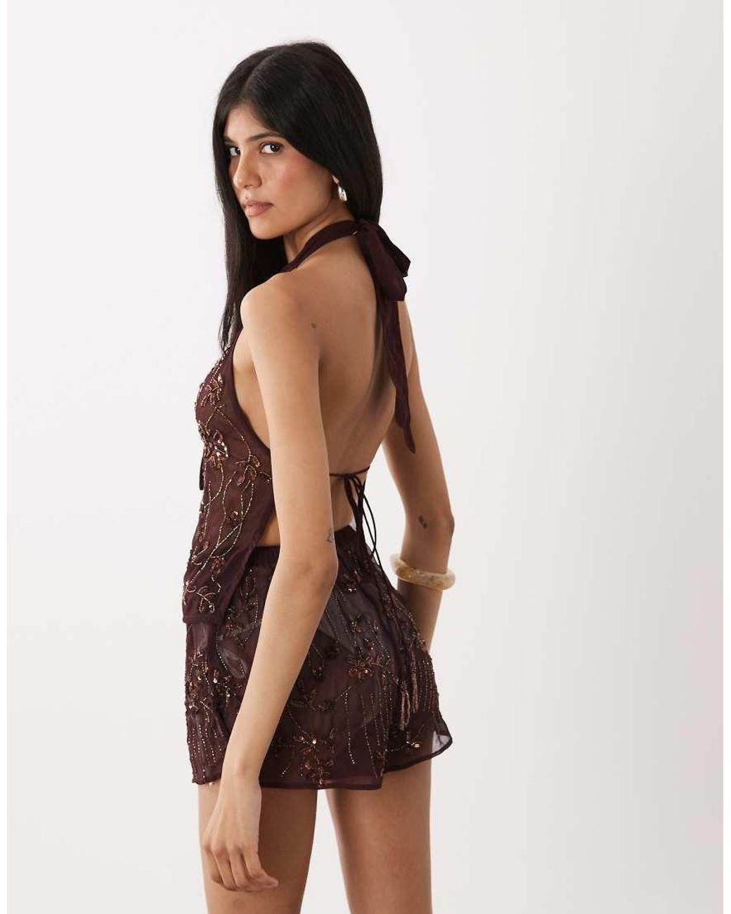 Miss Selfridge Purple Beach Premium Embellished Halterneck Top Co-ord