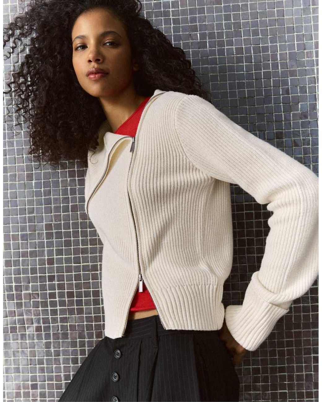 Bershka Gray Asymmetric Zip Knit Jacket