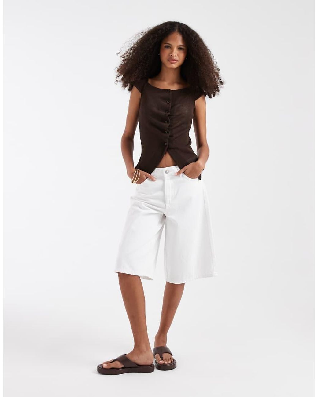 JJXX Brown Ruched Knit Button Top