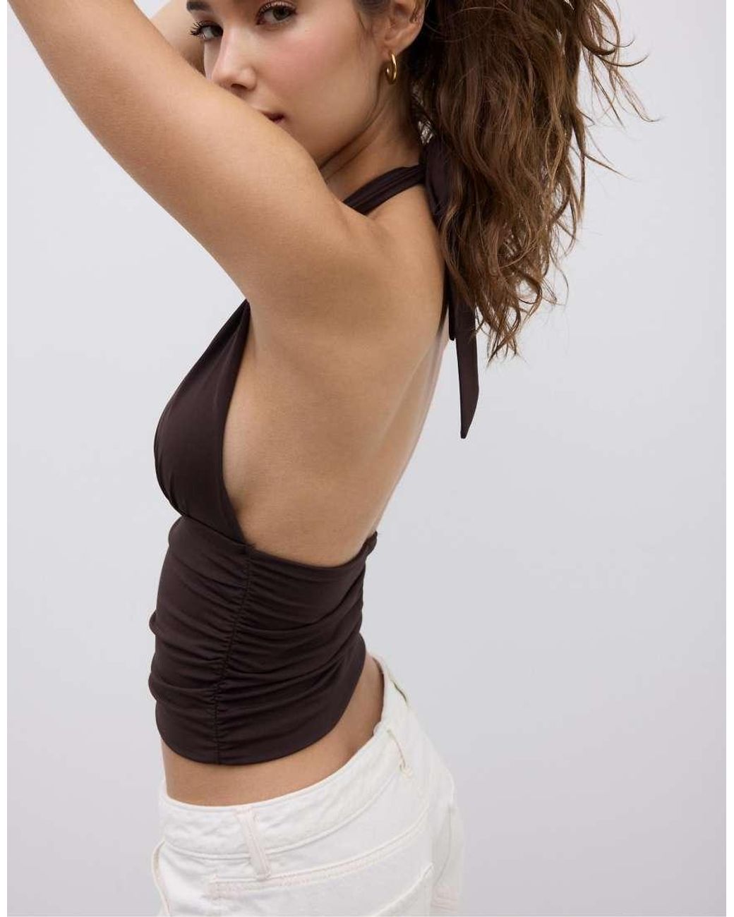 Stradivarius White Gathered Halter Top