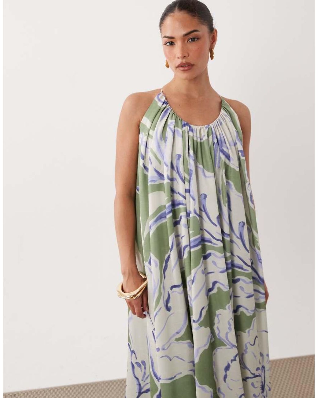 ASOS Blue Asos Design Petite Trapeze Scoop Neck Full Hem Maxi Dress With Bead Detail