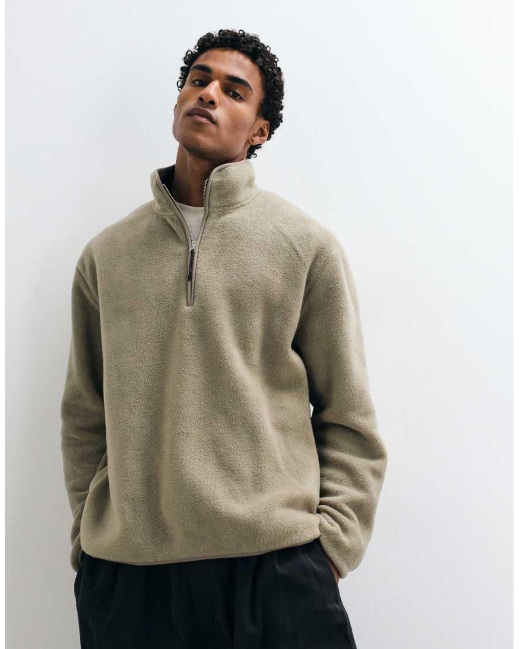 ASOS Brown Oversized Quarter Zip Fleece With Embroidery Text Back Print for men