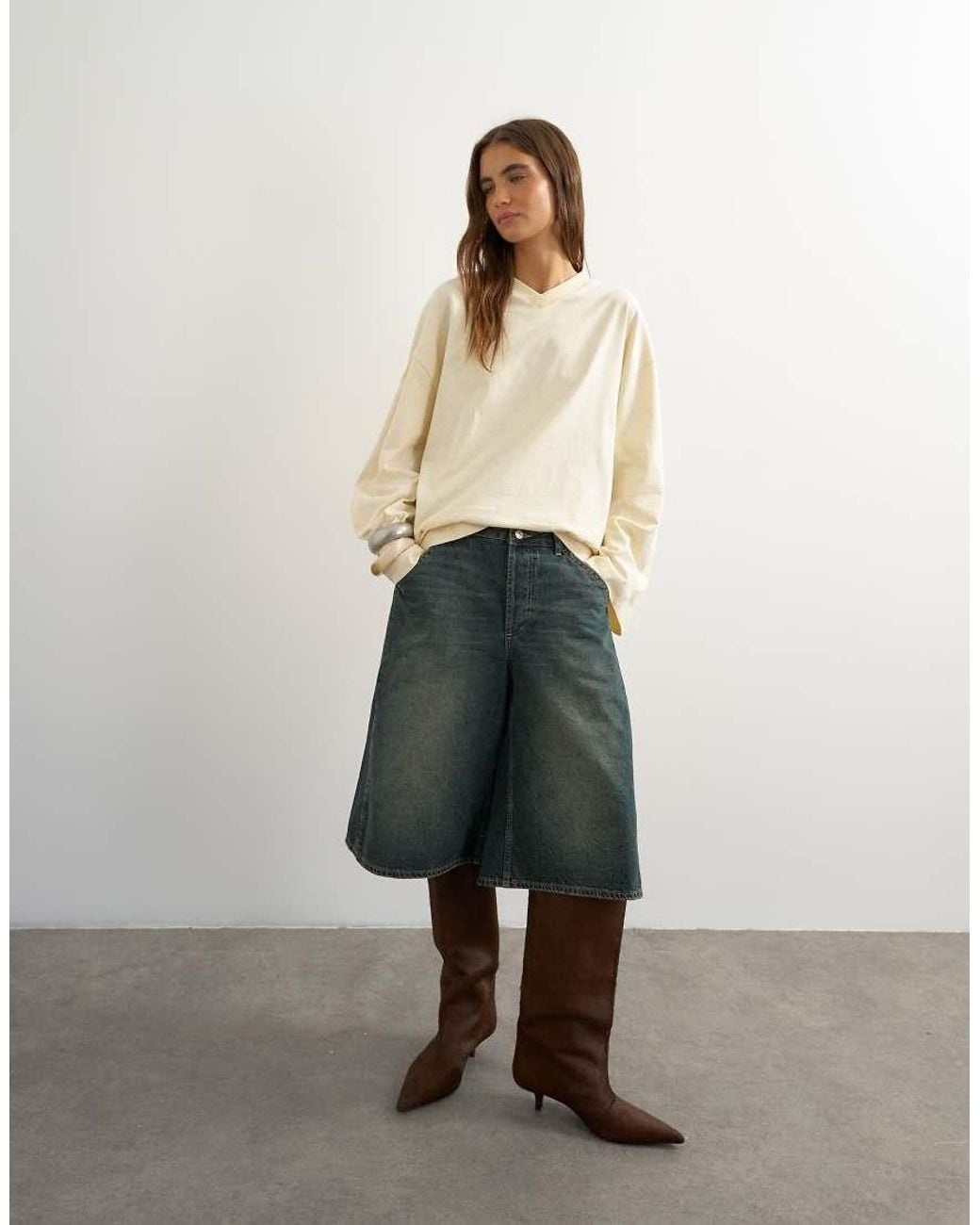 TOPSHOP Natural V Neck Long Sleeve Skater Top