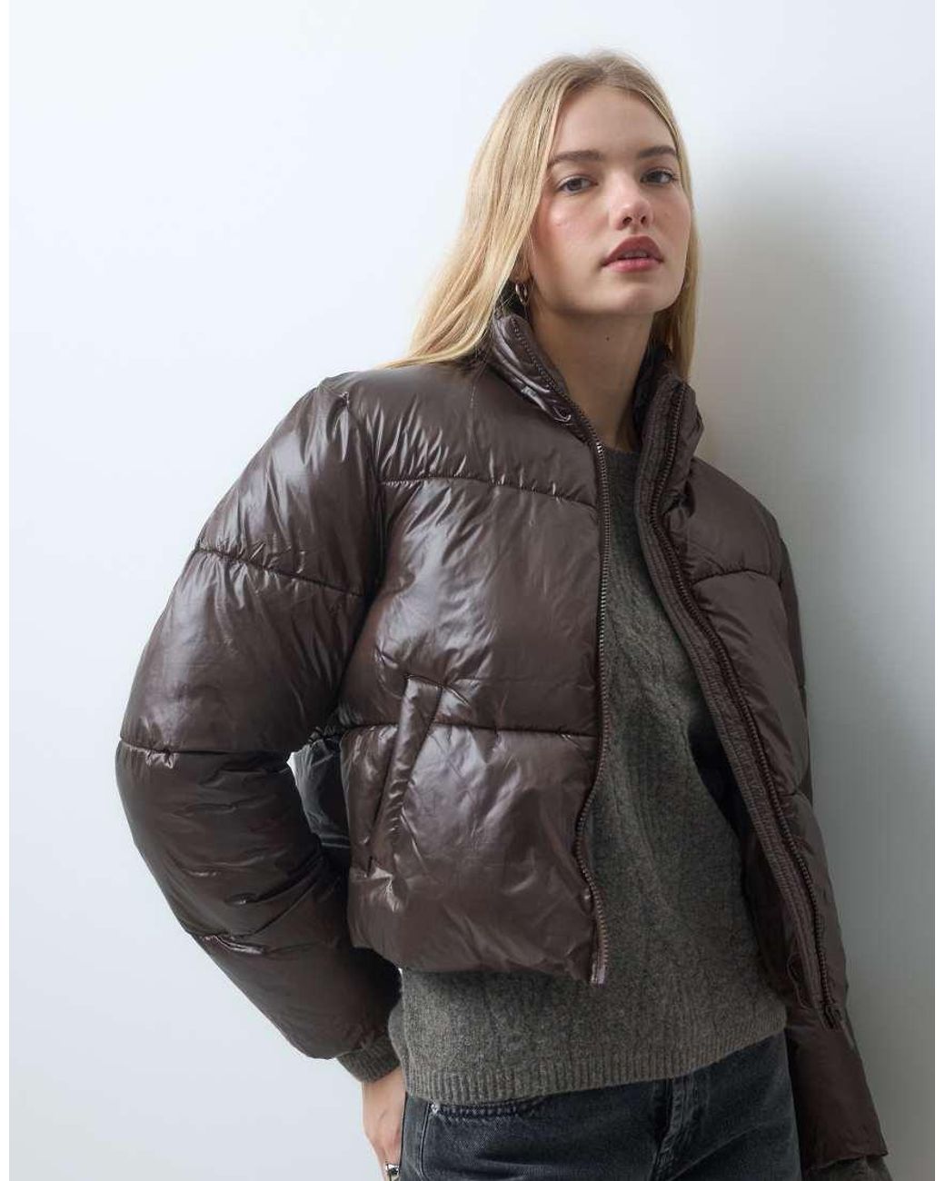 Pieces Gray Funnel Neck Short Padded Coat