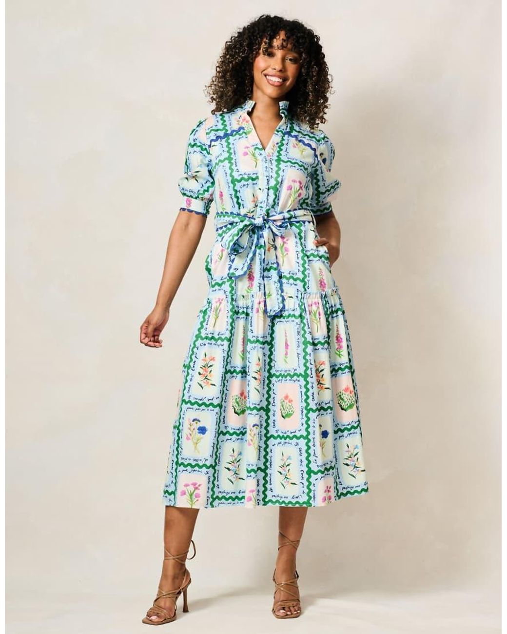 Hope & Ivy Blue The Lilith Button Front Midi Dress With Tiered Skirt And Tie Waist