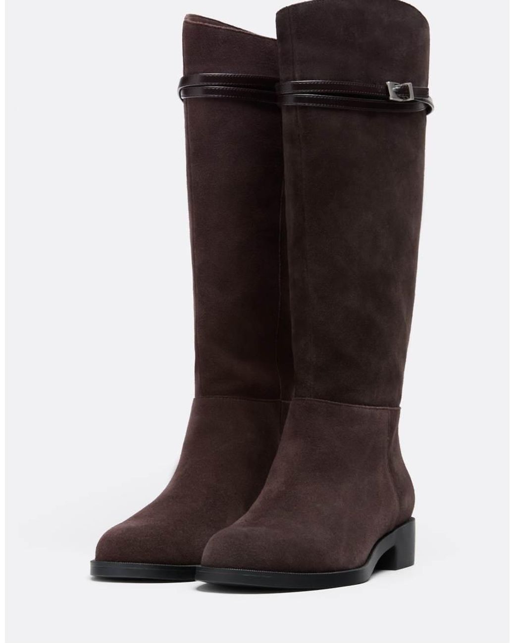 Stradivarius Brown Flat Leather Equestrian Boots