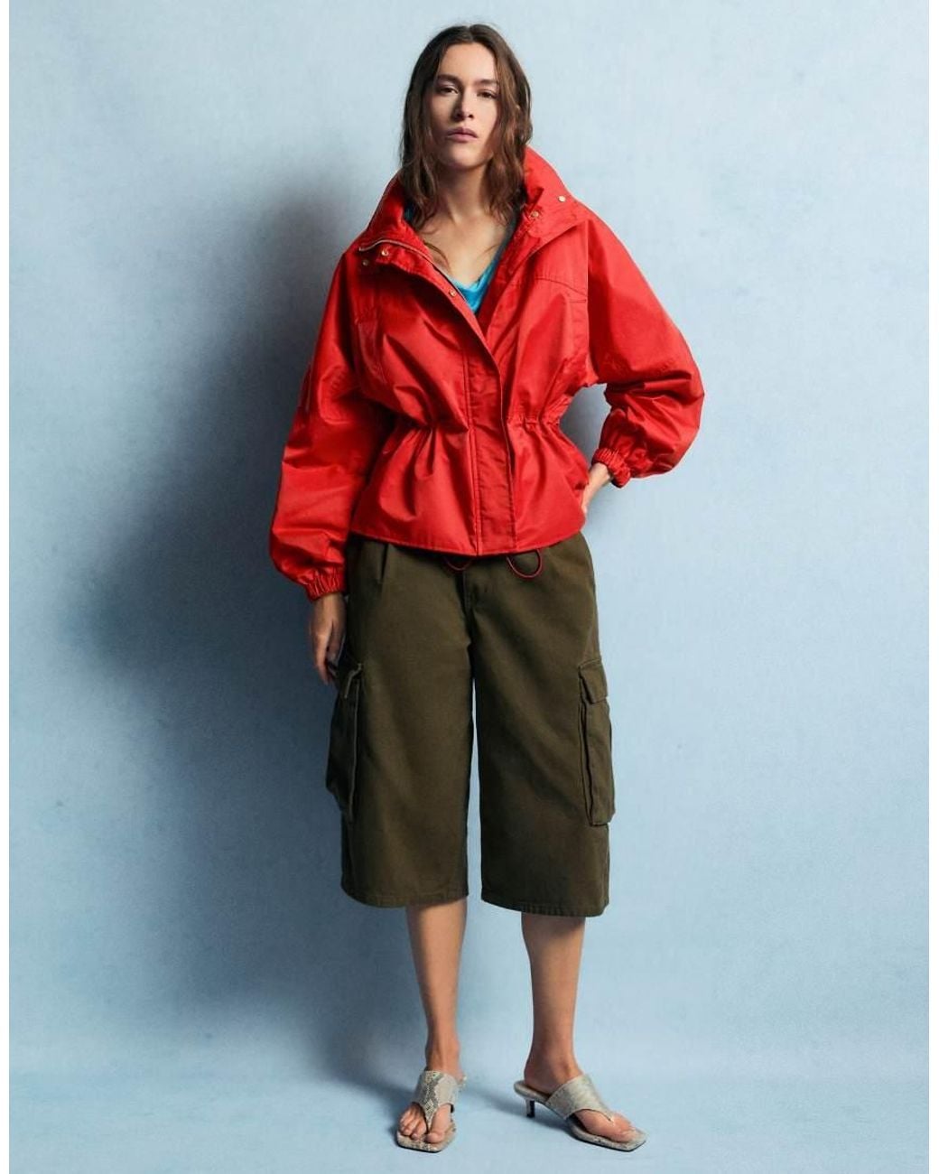 Pull&Bear Red Drawstring Funnel Neck Waist Jacket