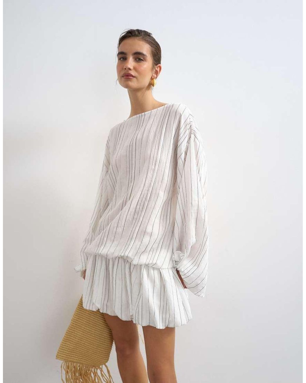 TOPSHOP White Long Sleeve Blouson Mini Dress