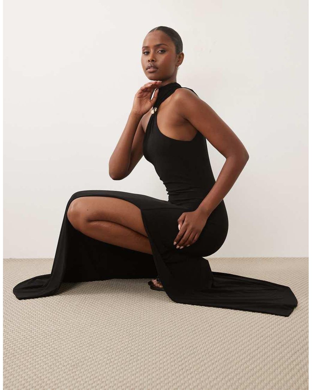 ASOS Black Hardware Detail High Neck Cutaway Slinky Maxi Dress