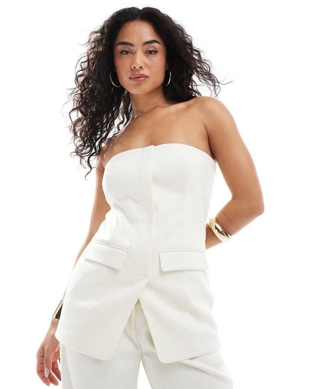 4th & Reckless White Tailored Bandeau Split Front Top Co-ord