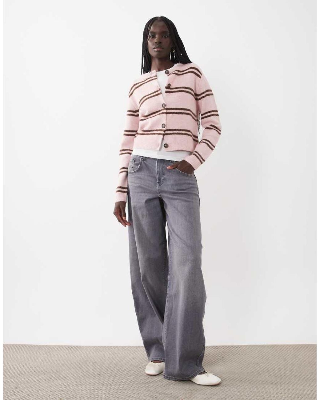 Brave Soul Pink Crew Neck Cardigan With Double Stripe