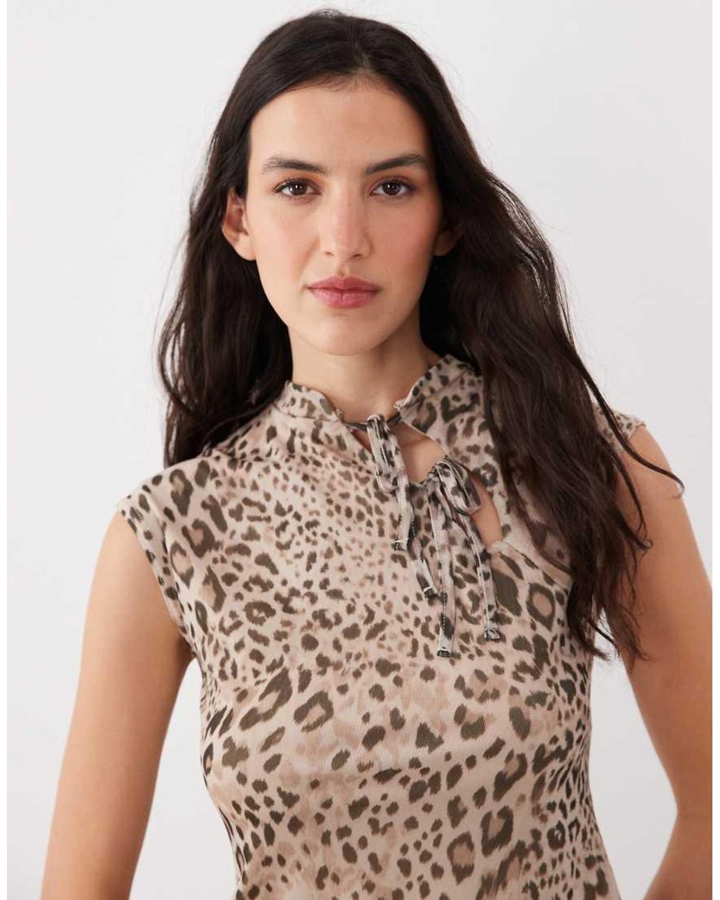 Miss Selfridge Brown Short Sleeve Top With Tie Up Mandarin Collar