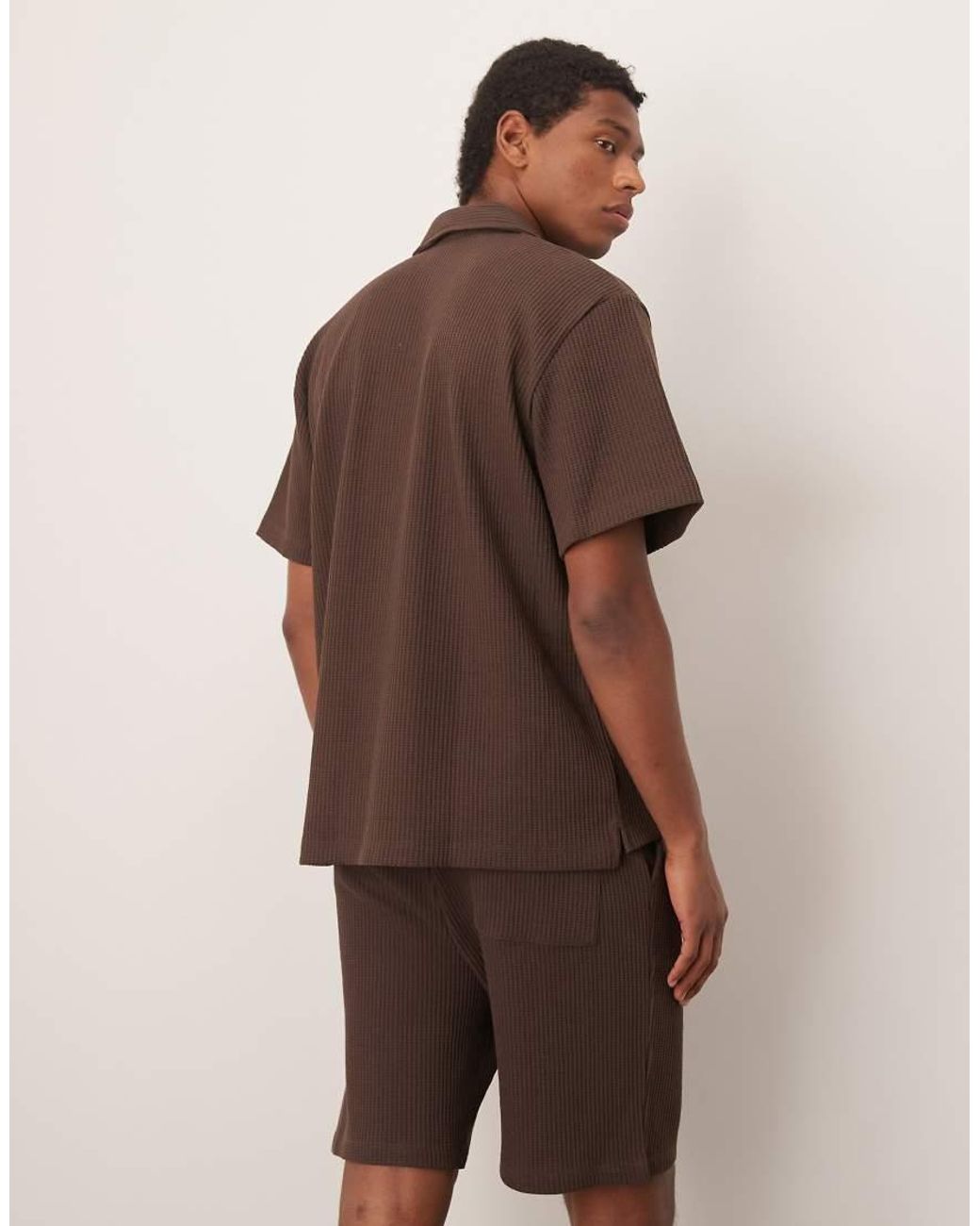 SELECTED Brown Co-ord Revere Collar Waffle Shirt for men