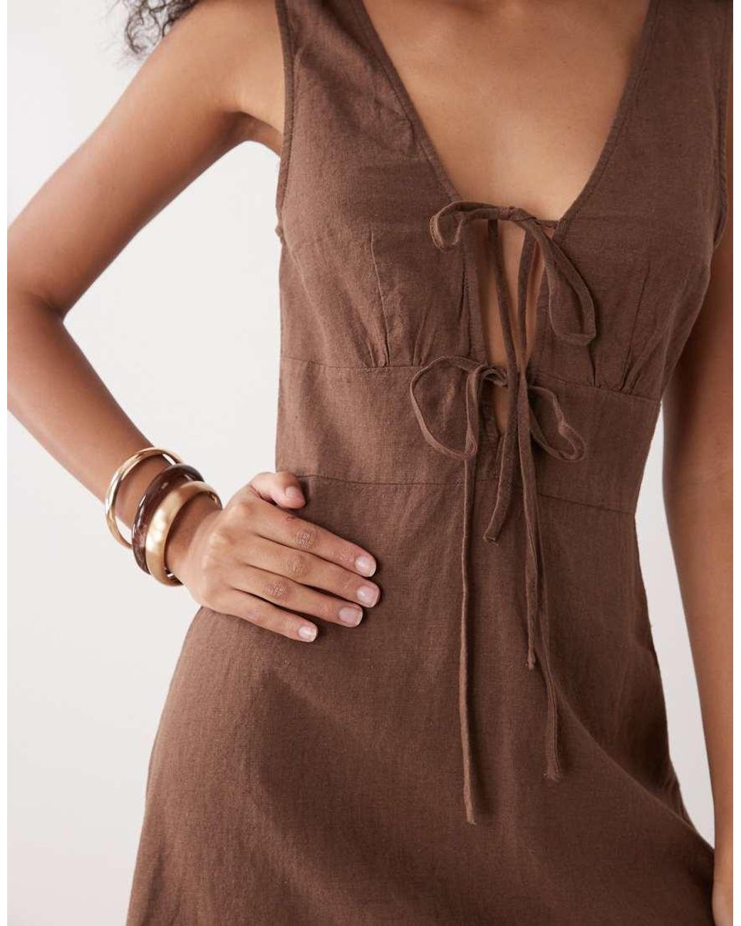 Monki Brown Linen Blend Tie Front Mini Dress