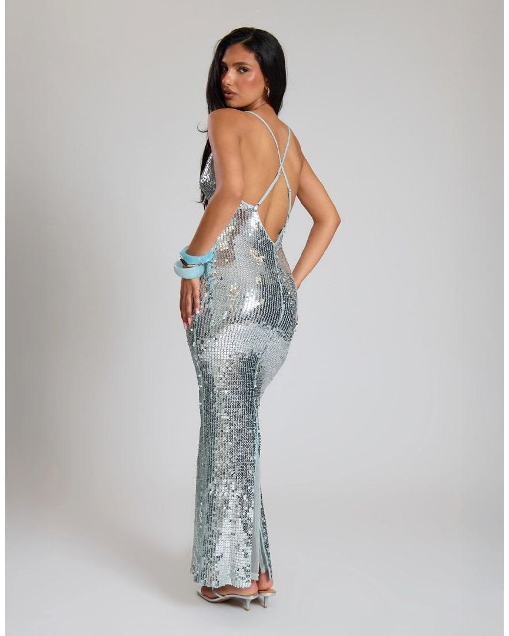 Missy Empire Blue Sequin Plunge Low Back Maxi Dress