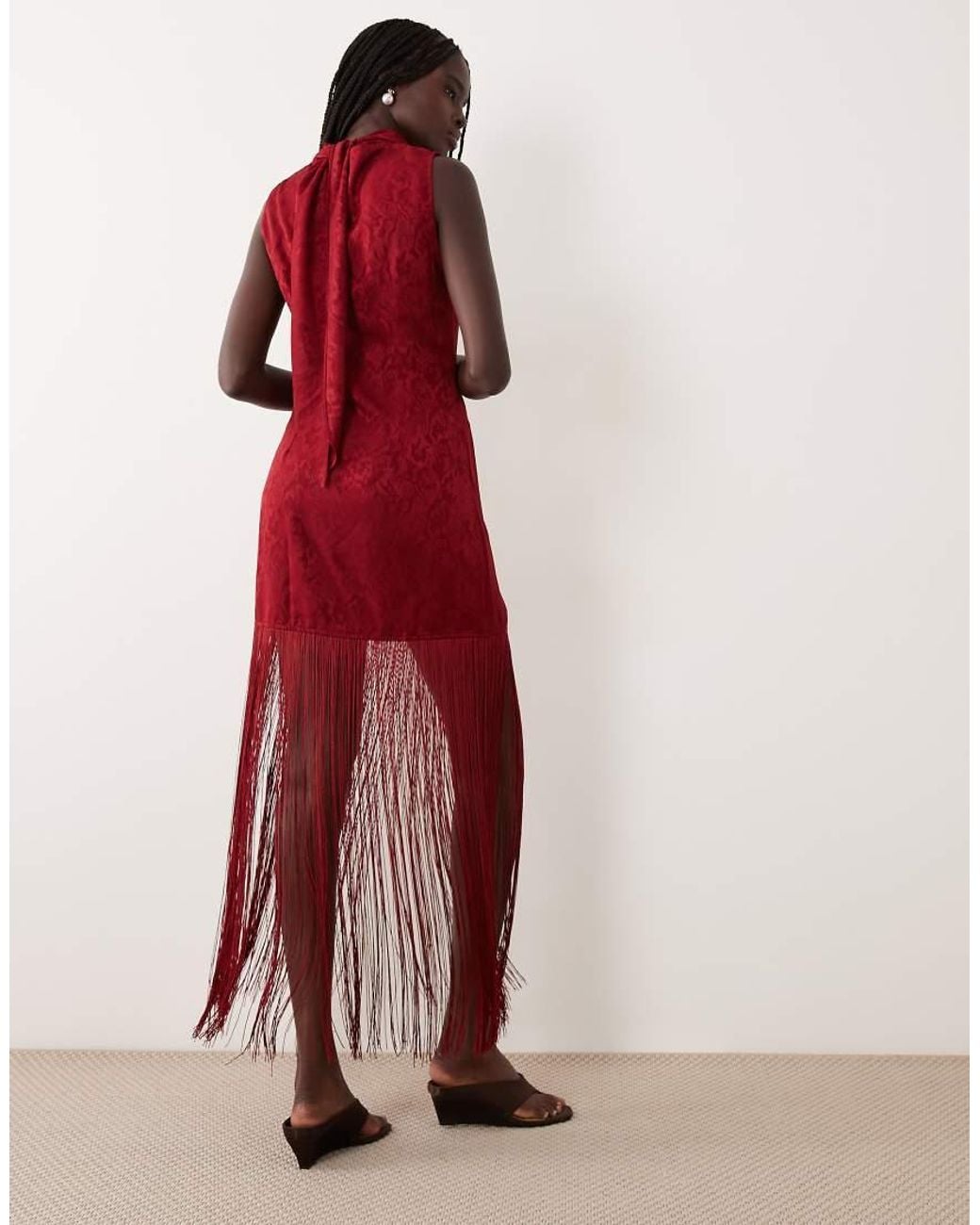 Ghospell Red Sleeveless Fringe Mini Dress With Tie Back Detail