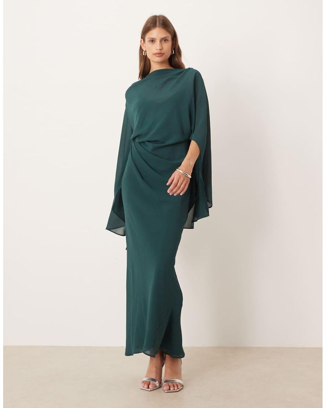 ASOS Green Kimono Sleeve Cape Detail Draped Midaxi Dress With Open Back