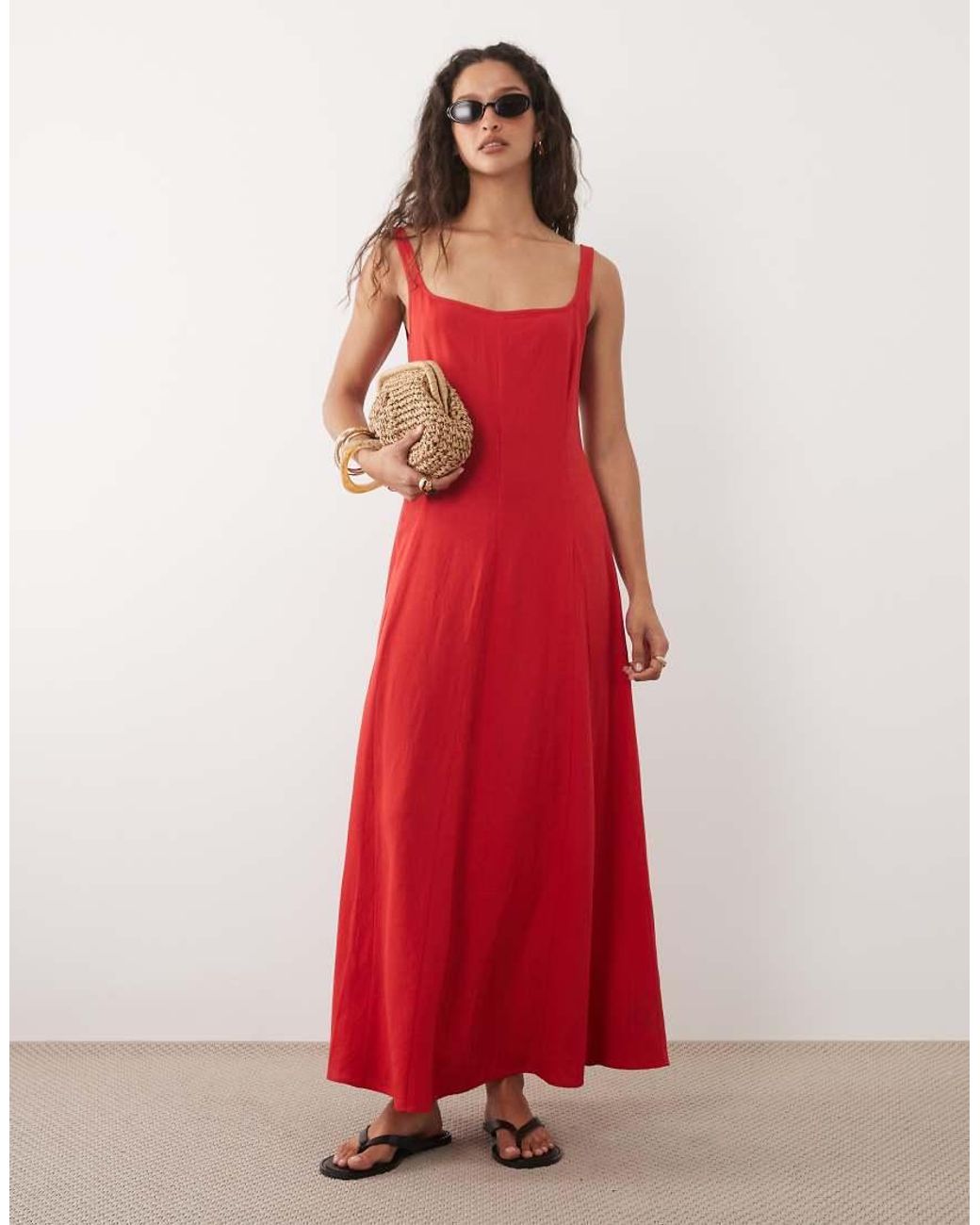 ASOS Red Linen Blend Seam Detail Maxi Dress