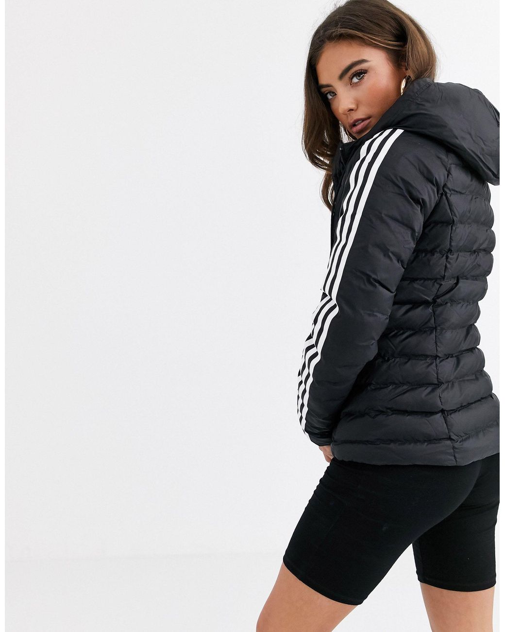 adidas Originals Three Stripe Slim Padded Jacket in Black | Lyst