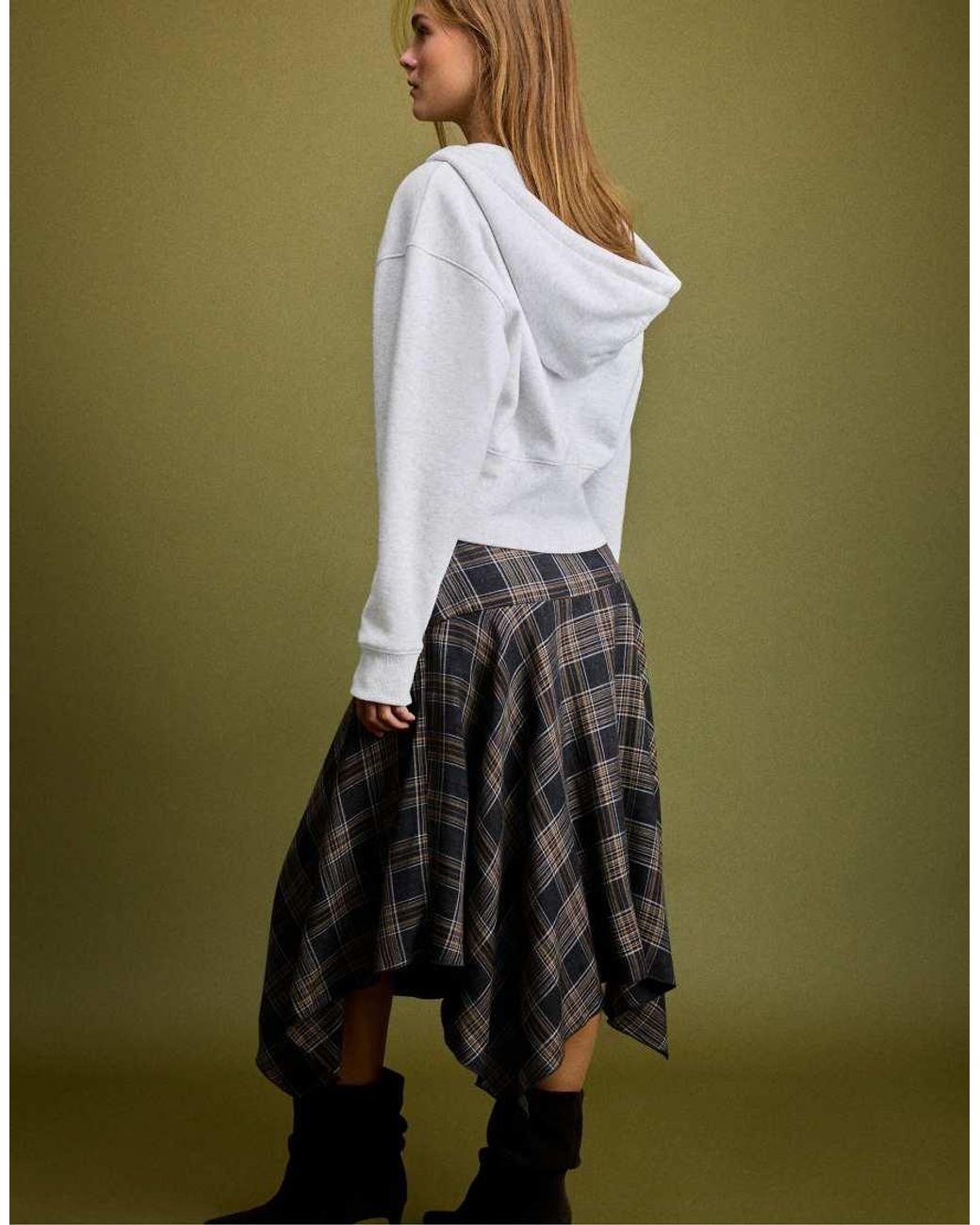 Stradivarius Green Checked Midi Skirt With Pointed Hem