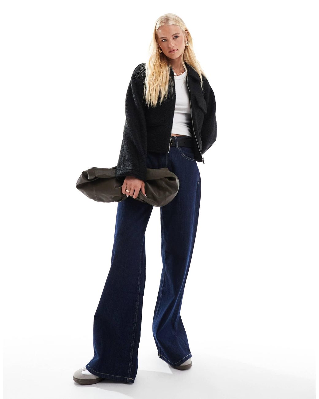 ONLY Blue Boxy Zip Through Boucle Jacket