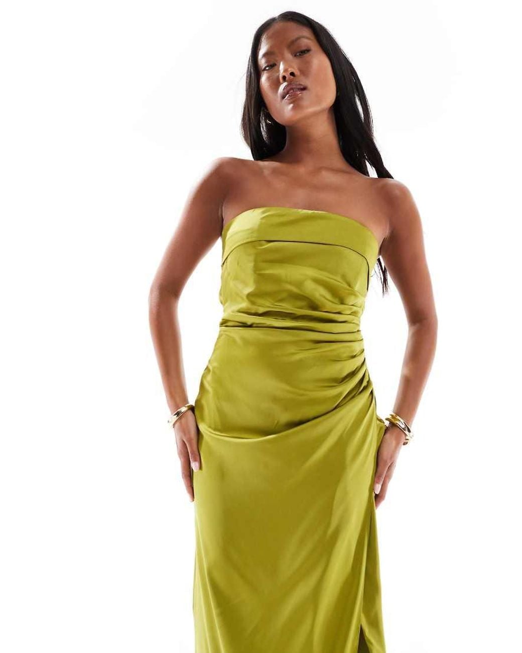 TFNC London Metallic Bridesmaids Bandeau Satin Maxi Dress With Tie Back
