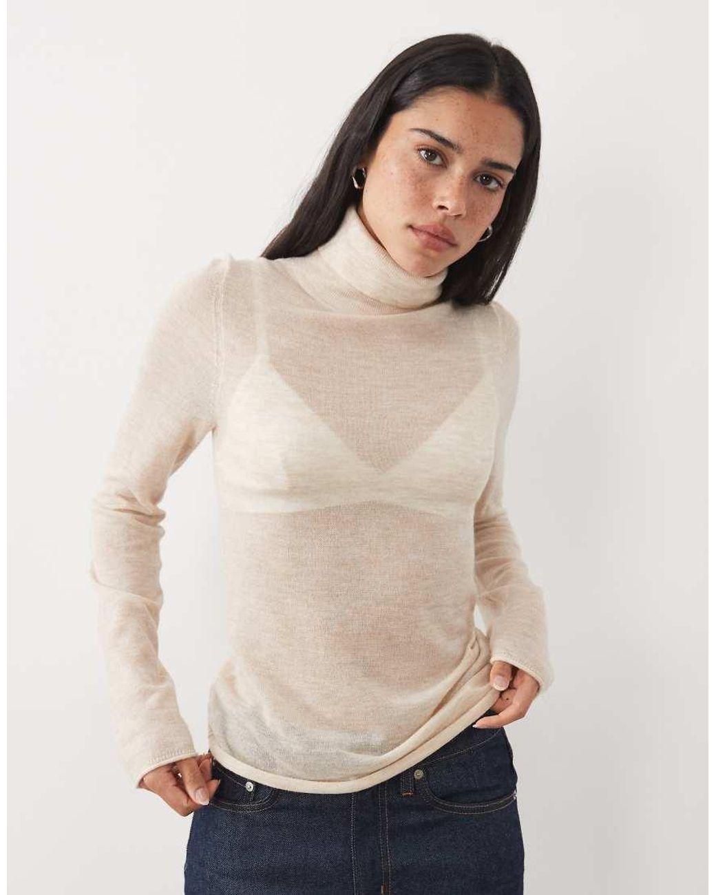 ASOS Natural Premium Alpaca Mix Sheer Fitted Roll Neck