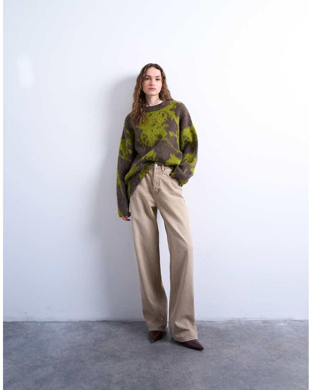 TOPSHOP Green Knit Blurred Floral Sweater