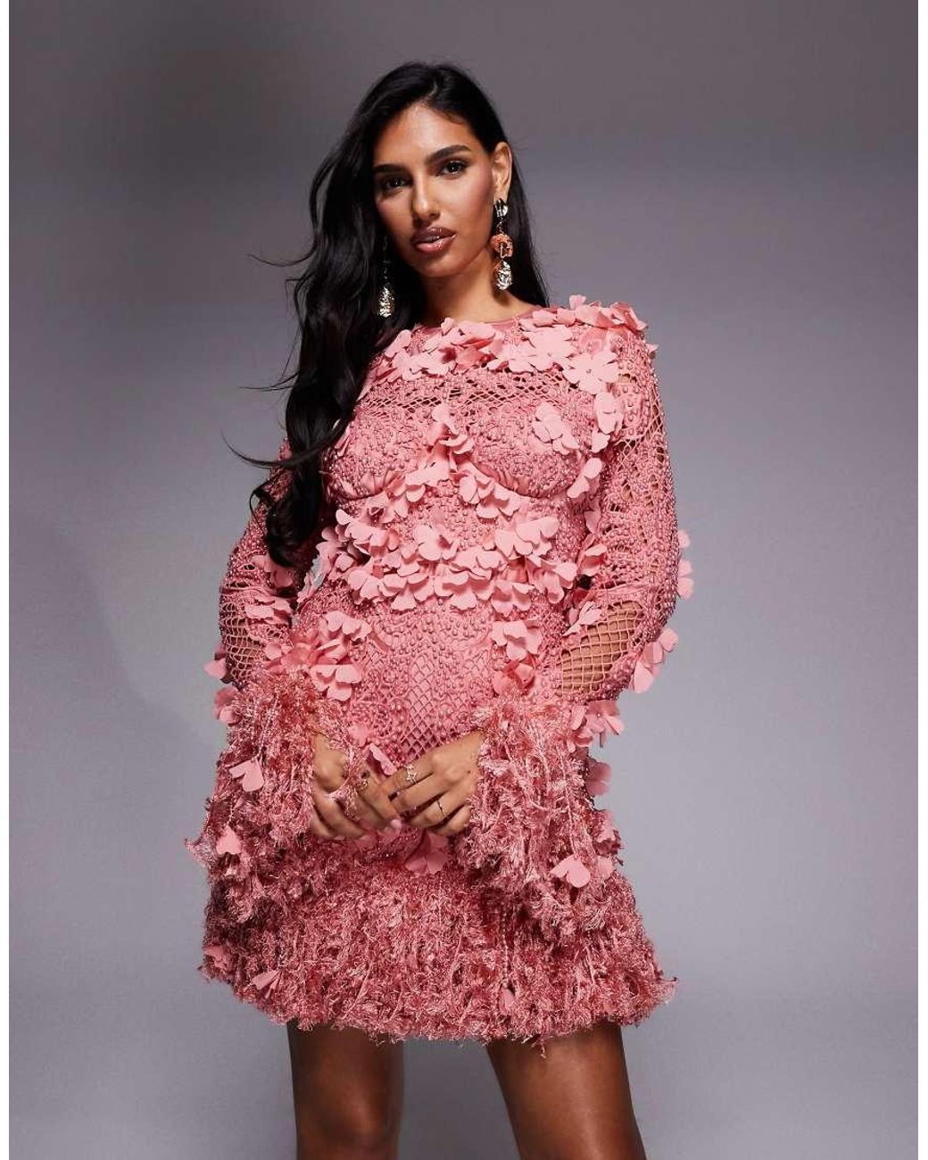 ASOS Pink 3D Floral Embellished Broderie Mini Dress With Faux Feather Trim