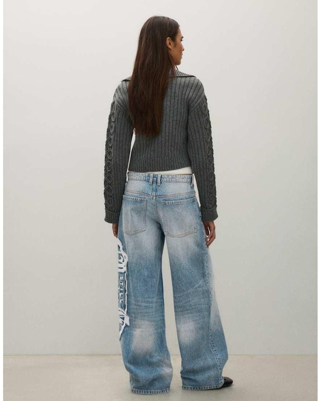 Bershka Blue High-waist Washed baggy Jeans With Patch