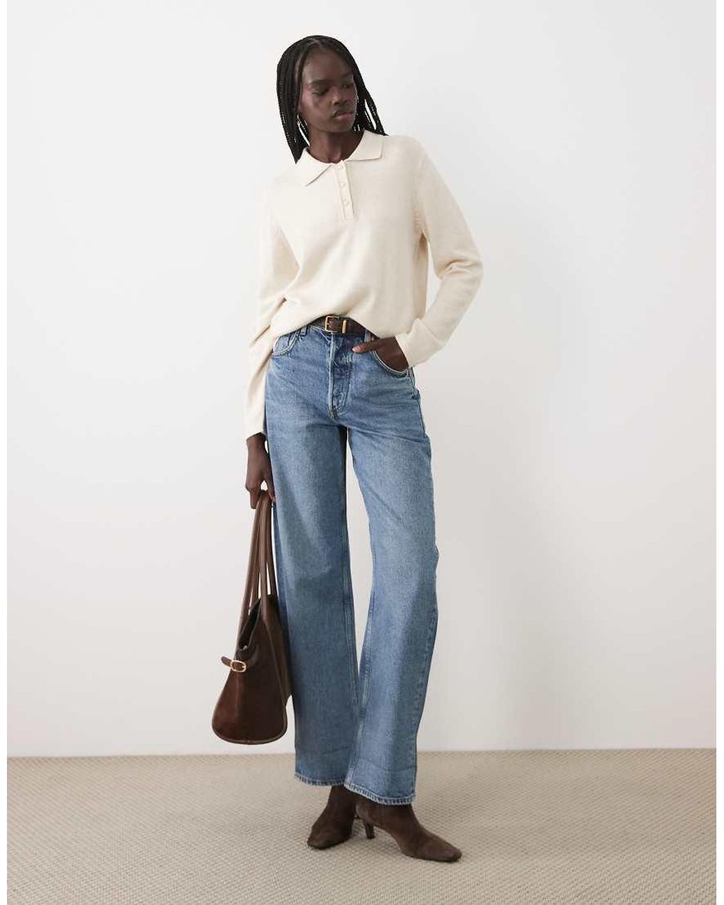 Vila Blue Long Sleeve Knit Polo Top With Pearl Buttons