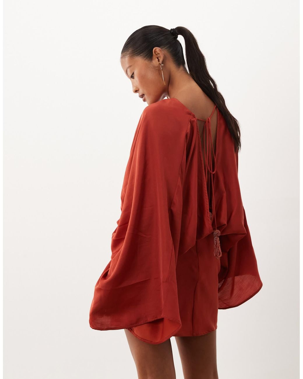 ASOS Asos Design Petite Cape Sleeve Open Back Mini Dress With Tassels ...