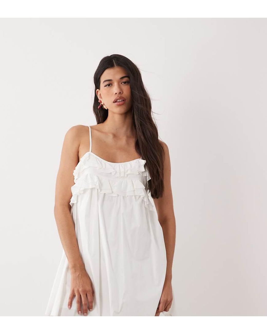 Fashionkilla White Exclusive Poplin Ruffle Hem Cami Top Babydoll Mini Dress