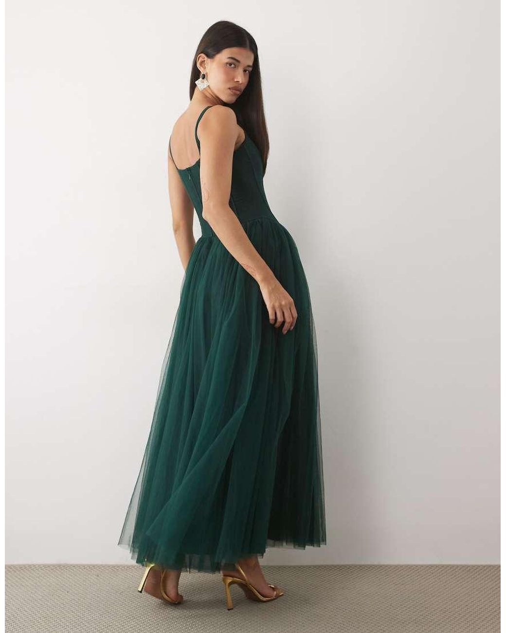LACE & BEADS Green Tulle Drop Hem Corset Maxi Dress