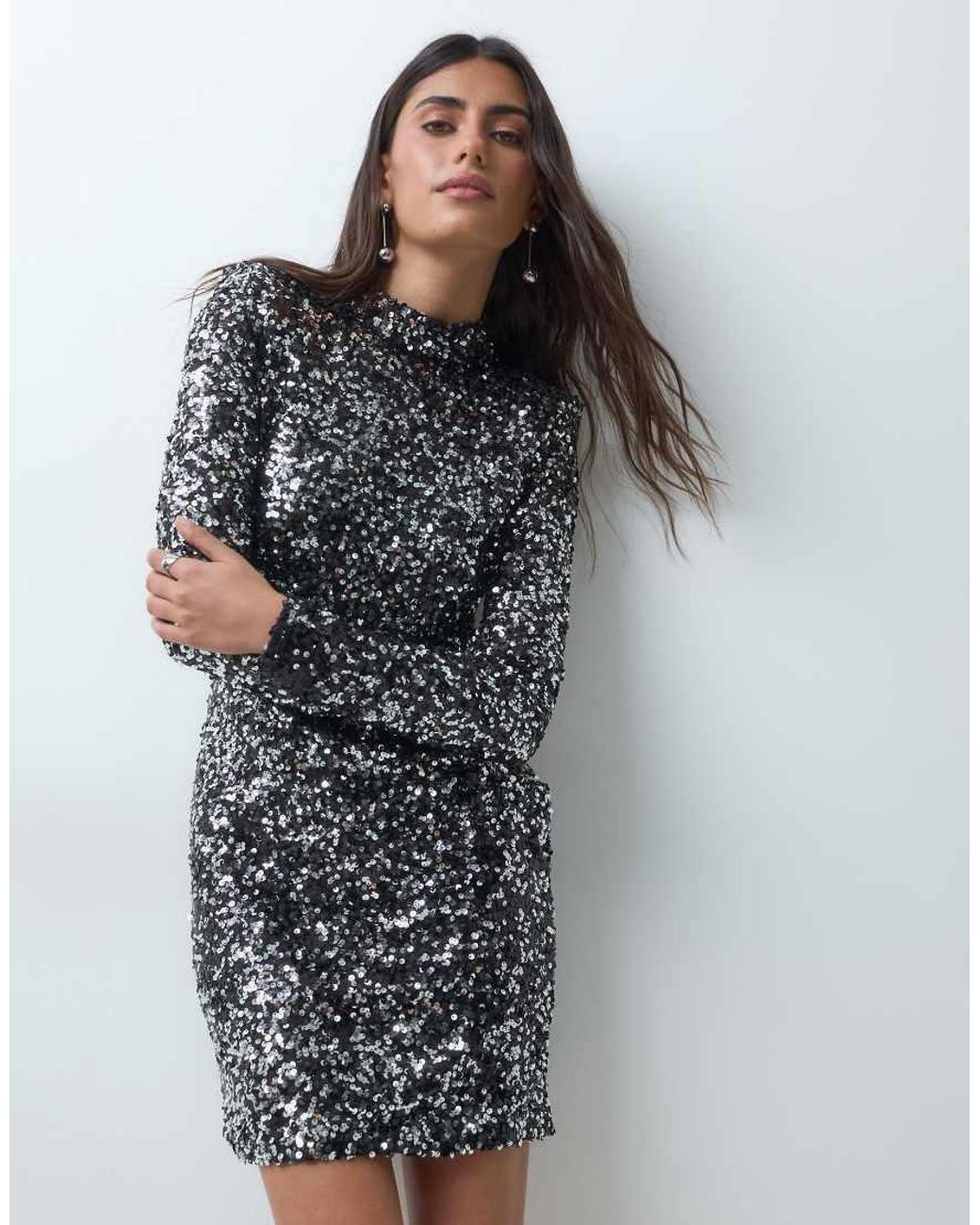 ASOS Gray Shoulder Pad Sequin Backless Mini Dress